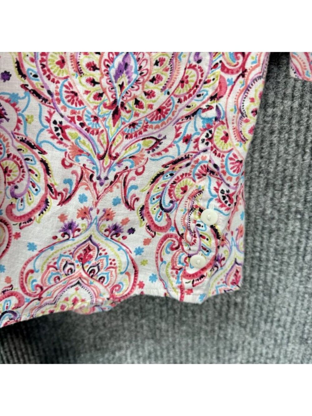 Chicos Linen No Iron Top Size 2P/LP Pink Damask Paisley Button Front 3/4 Sleeve - Picture 3 of 10